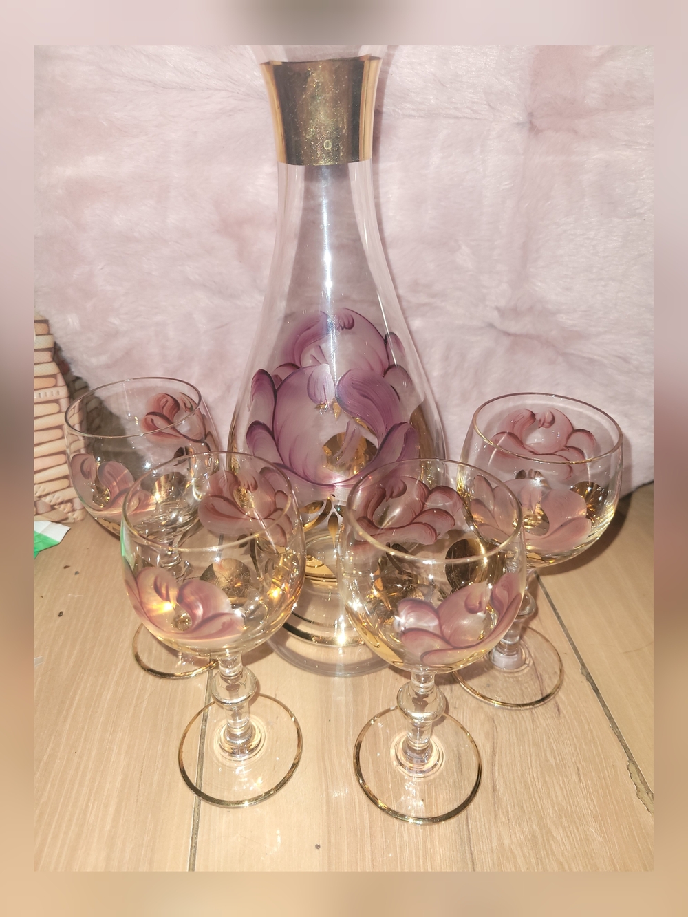 Pink Floral Crystal Hand-Painted Bohemian Glass Decanter and 4 Wine Goblets